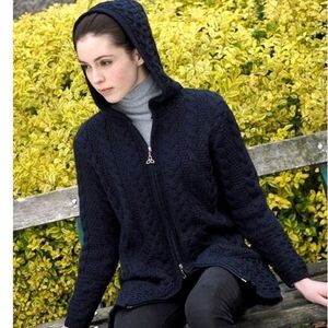 Aran Crafts Navy 100% Merino Wool Zip Up Hoodie Made In Ireland Size XL